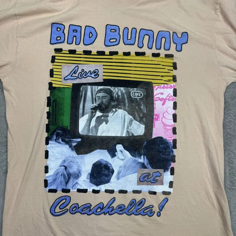 Bad Bunny x Coachella Shirt Mens Large Beige Cotton Graphic Print Long Sleeve - Picture 3 of 12
